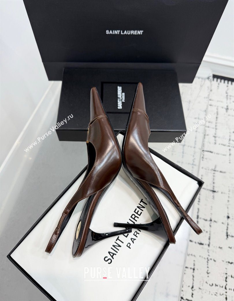 Saint Laurent Babylone Breteuil Slingbacks Pump 9cm in Oil Leather Dark Brown 2025 806685 (KER-251213006)