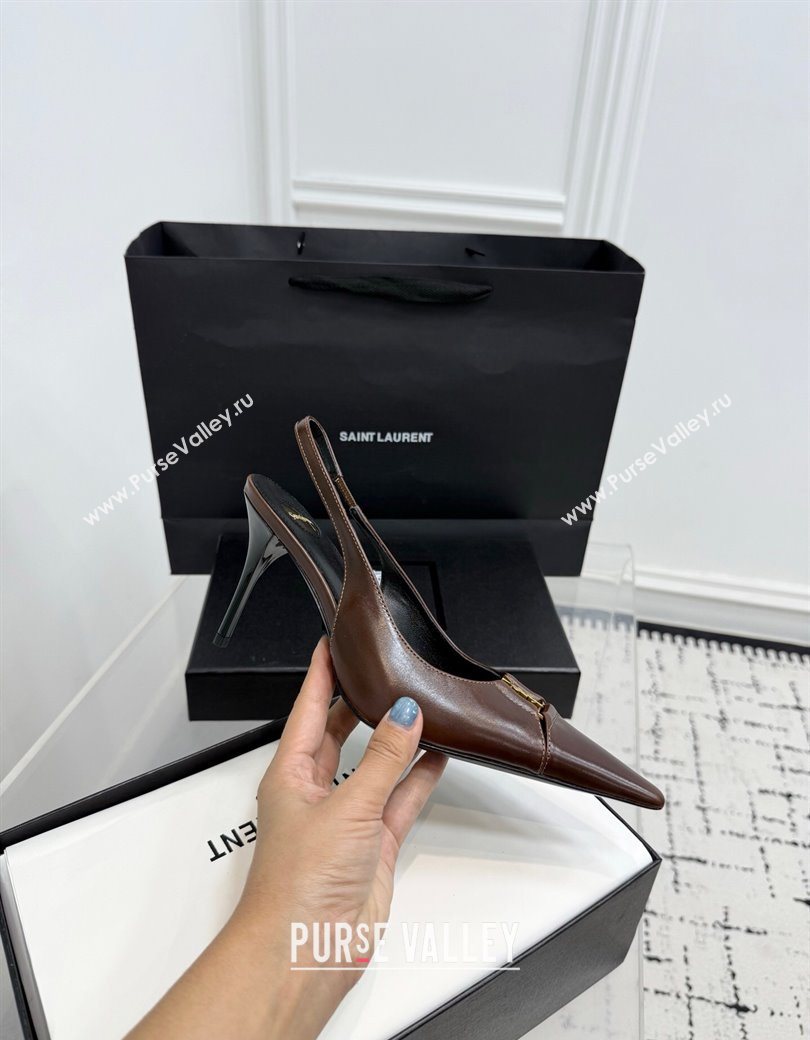 Saint Laurent Babylone Breteuil Slingbacks Pump 9cm in Oil Leather Dark Brown 2025 806685 (KER-251213006)
