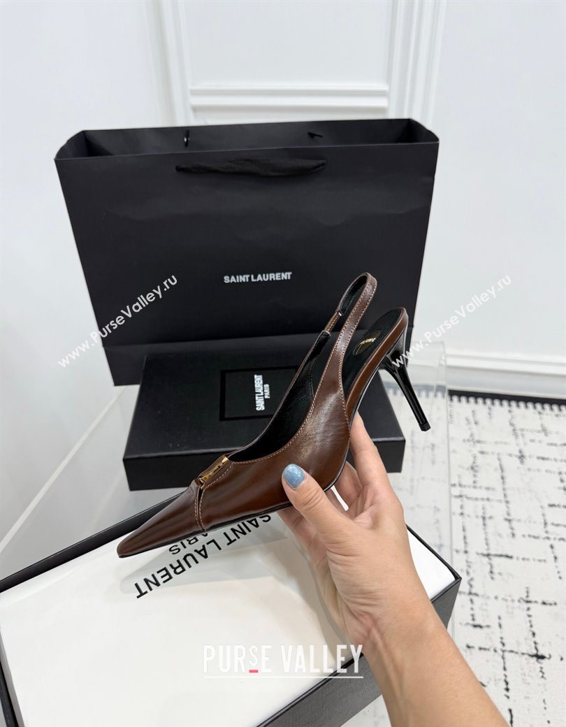 Saint Laurent Babylone Breteuil Slingbacks Pump 9cm in Oil Leather Dark Brown 2025 806685 (KER-251213006)