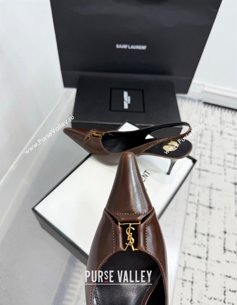 Saint Laurent Babylone Breteuil Slingbacks Pump 9cm in Oil Leather Dark Brown 2025 806685 (KER-251213006)