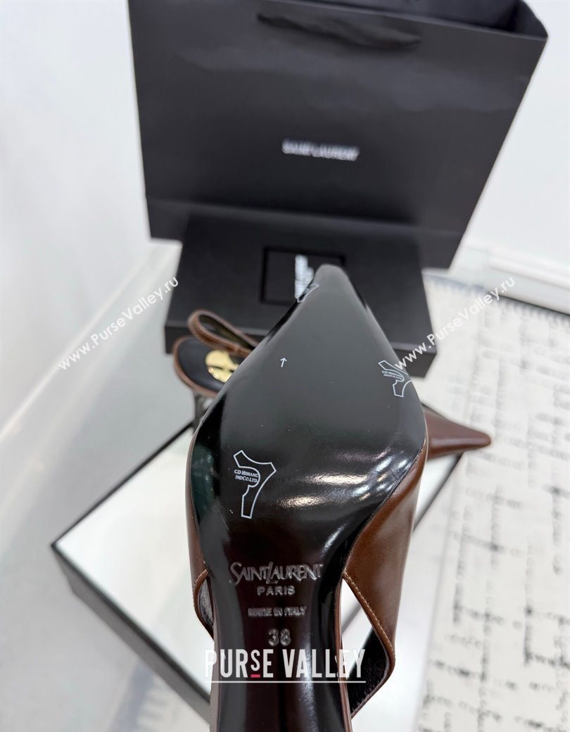 Saint Laurent Babylone Breteuil Slingbacks Pump 9cm in Oil Leather Dark Brown 2025 806685 (KER-251213006)