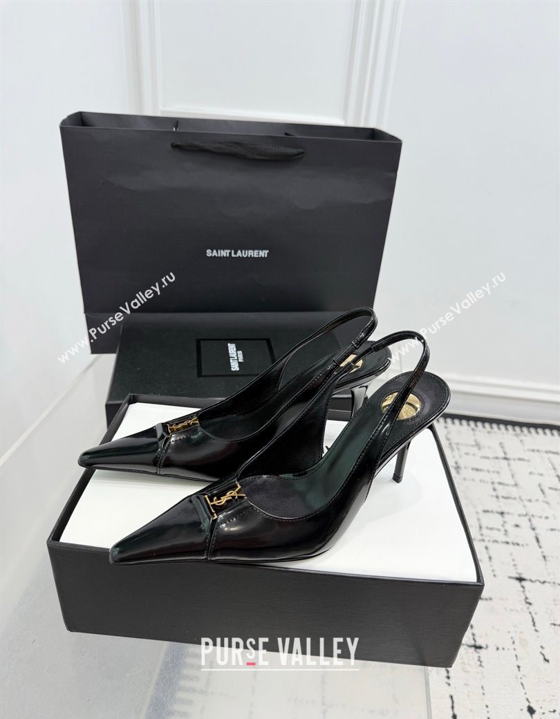 Saint Laurent Babylone Breteuil Slingbacks Pump 9cm in Shiny Leather Black 2025 806685 (KER-251213009)