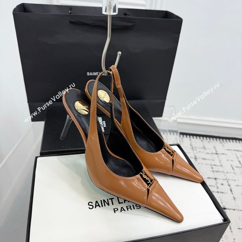 Saint Laurent Babylone Breteuil Slingbacks Pump 9cm in Shiny Leather Light Brown 2025 806685 (KER-251213010)
