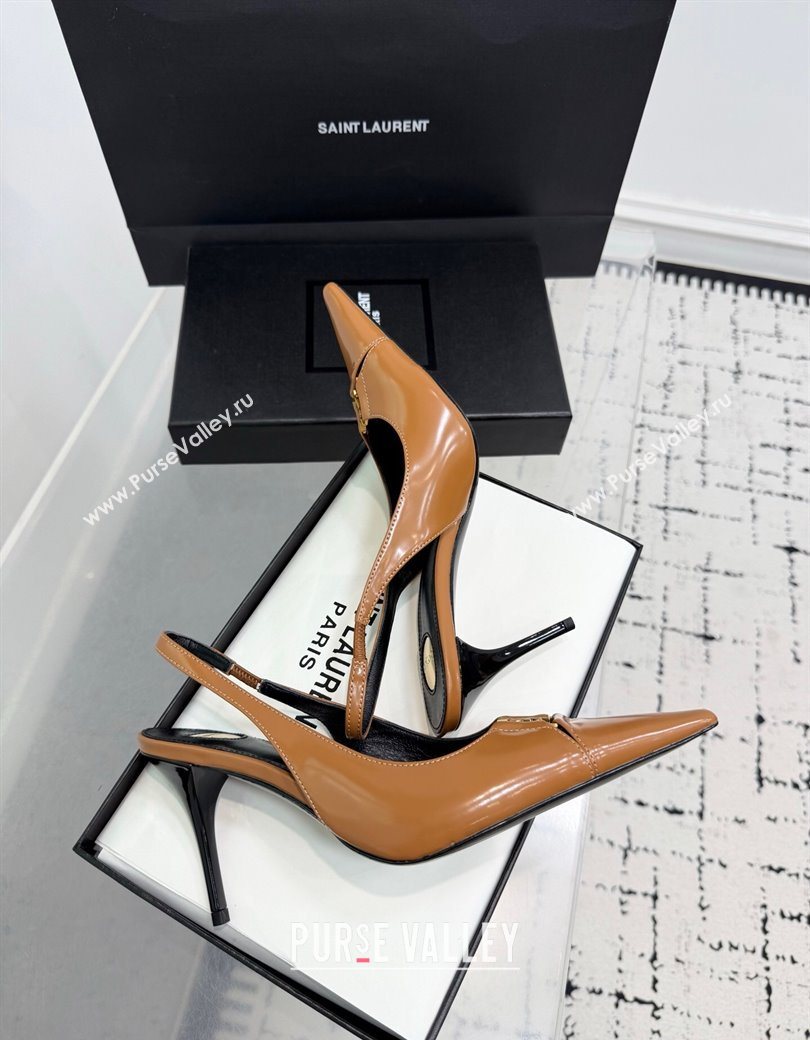 Saint Laurent Babylone Breteuil Slingbacks Pump 9cm in Shiny Leather Light Brown 2025 806685 (KER-251213010)
