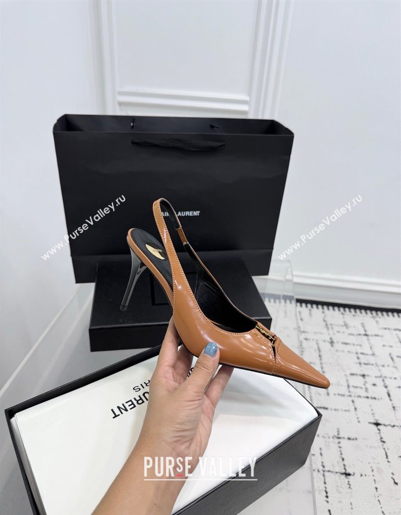 Saint Laurent Babylone Breteuil Slingbacks Pump 9cm in Shiny Leather Light Brown 2025 806685 (KER-251213010)