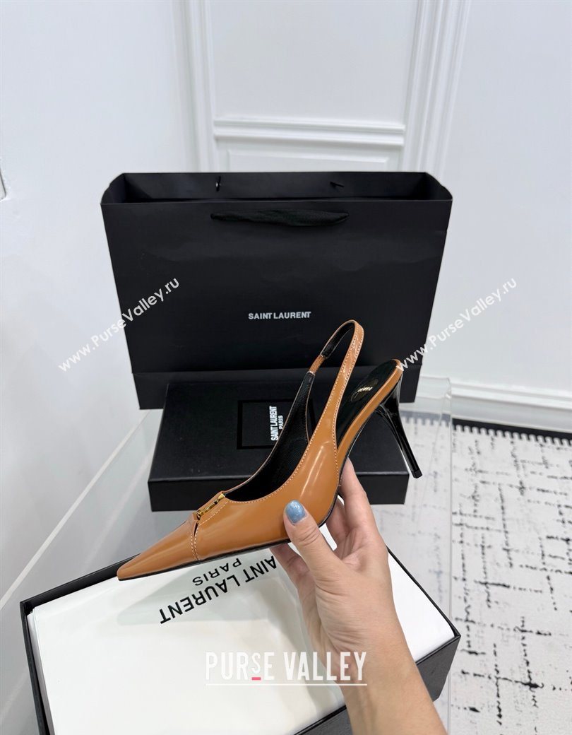 Saint Laurent Babylone Breteuil Slingbacks Pump 9cm in Shiny Leather Light Brown 2025 806685 (KER-251213010)