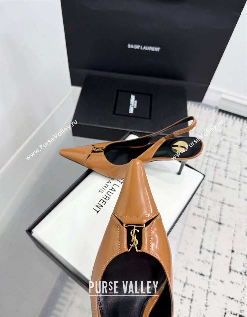 Saint Laurent Babylone Breteuil Slingbacks Pump 9cm in Shiny Leather Light Brown 2025 806685 (KER-251213010)
