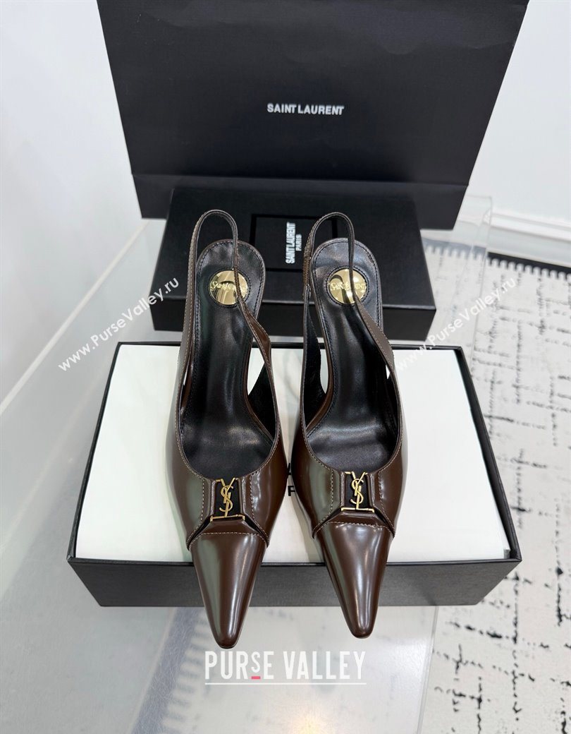 Saint Laurent Babylone Breteuil Slingbacks Pump 9cm in Shiny Leather Dark Brown 2025 806685 (KER-251213011)