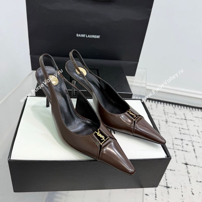 Saint Laurent Babylone Breteuil Slingbacks Pump 9cm in Shiny Leather Dark Brown 2025 806685 (KER-251213011)
