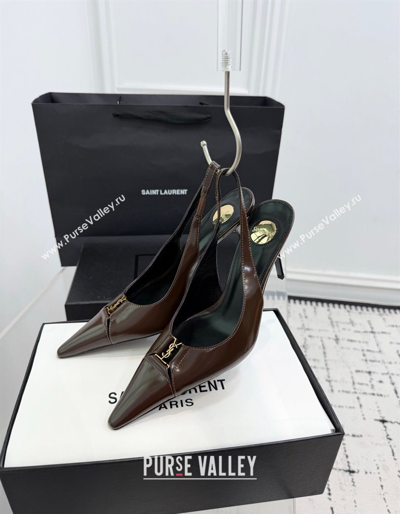 Saint Laurent Babylone Breteuil Slingbacks Pump 9cm in Shiny Leather Dark Brown 2025 806685 (KER-251213011)