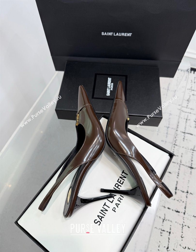 Saint Laurent Babylone Breteuil Slingbacks Pump 9cm in Shiny Leather Dark Brown 2025 806685 (KER-251213011)