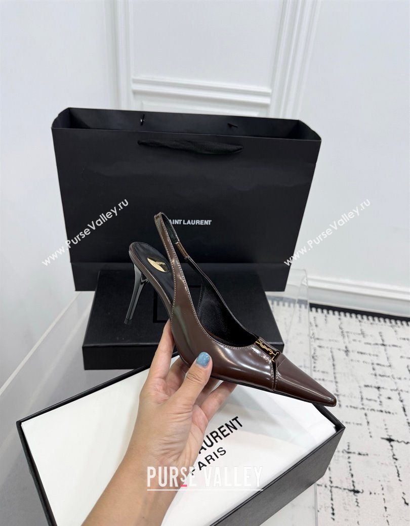 Saint Laurent Babylone Breteuil Slingbacks Pump 9cm in Shiny Leather Dark Brown 2025 806685 (KER-251213011)