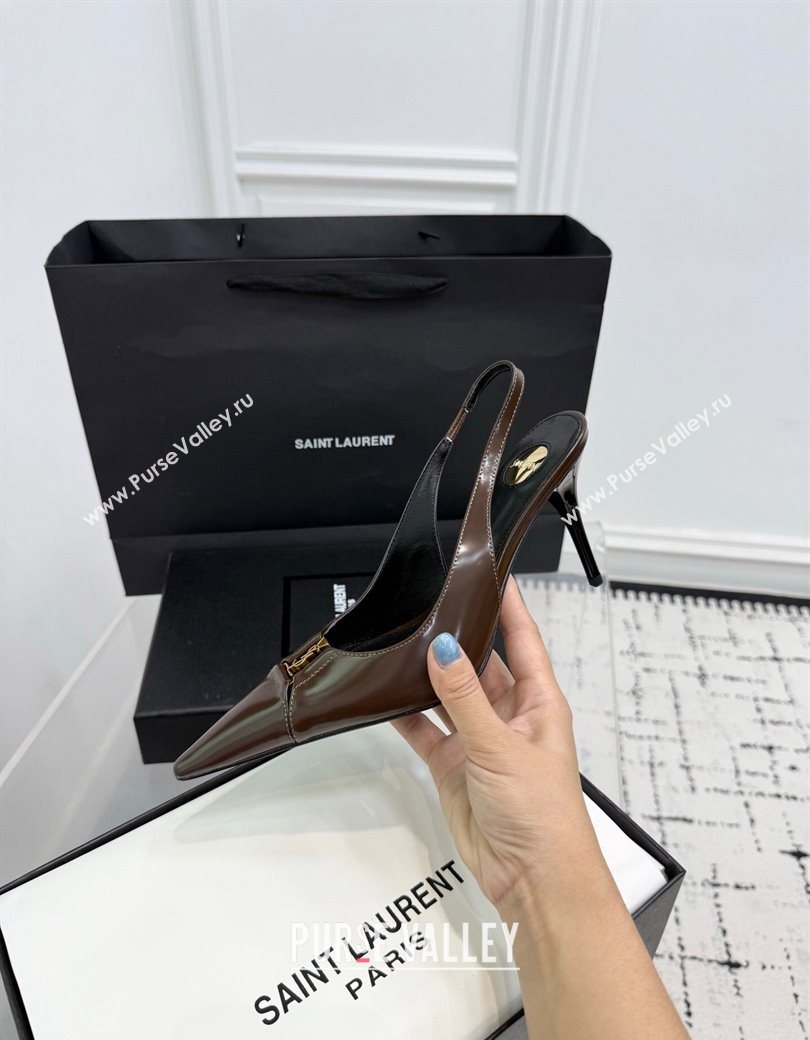 Saint Laurent Babylone Breteuil Slingbacks Pump 9cm in Shiny Leather Dark Brown 2025 806685 (KER-251213011)
