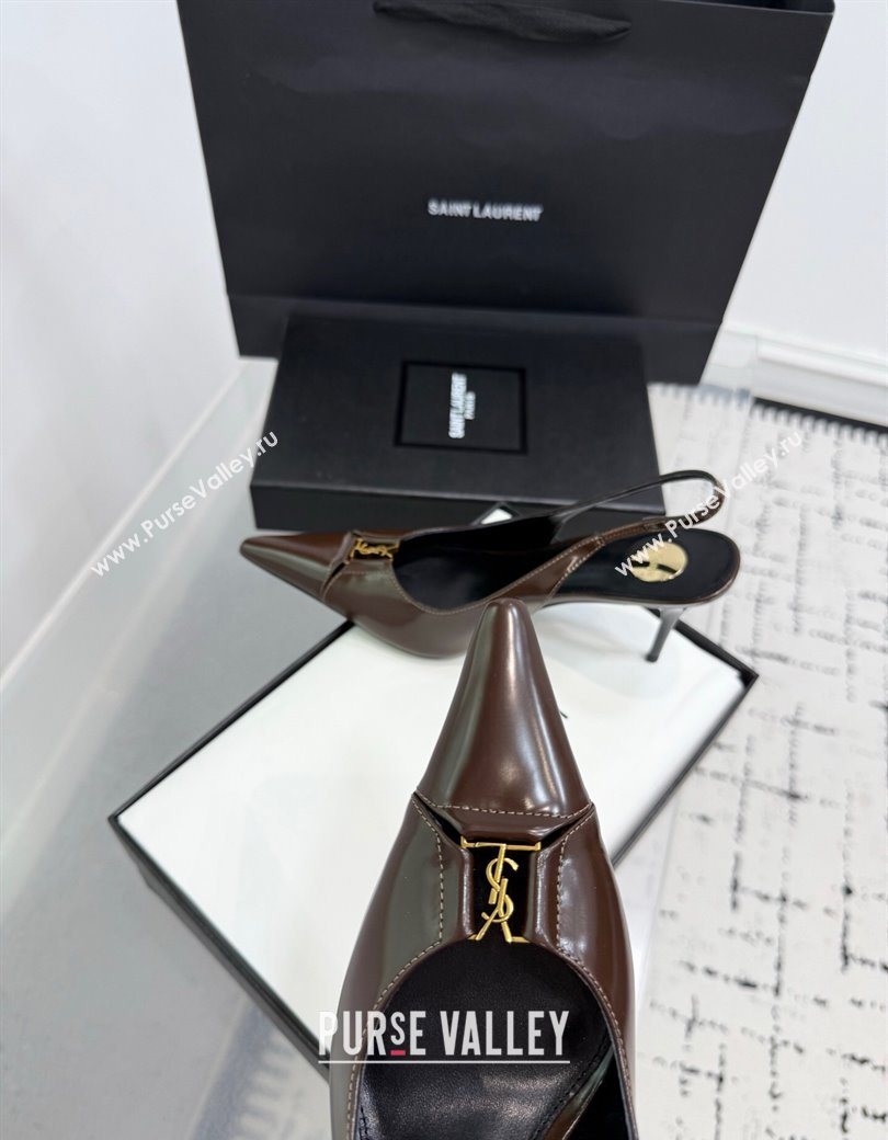 Saint Laurent Babylone Breteuil Slingbacks Pump 9cm in Shiny Leather Dark Brown 2025 806685 (KER-251213011)