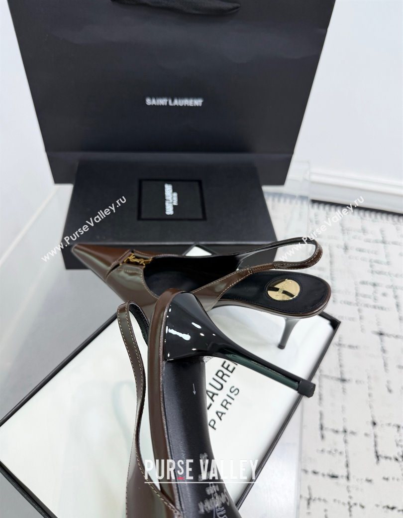 Saint Laurent Babylone Breteuil Slingbacks Pump 9cm in Shiny Leather Dark Brown 2025 806685 (KER-251213011)