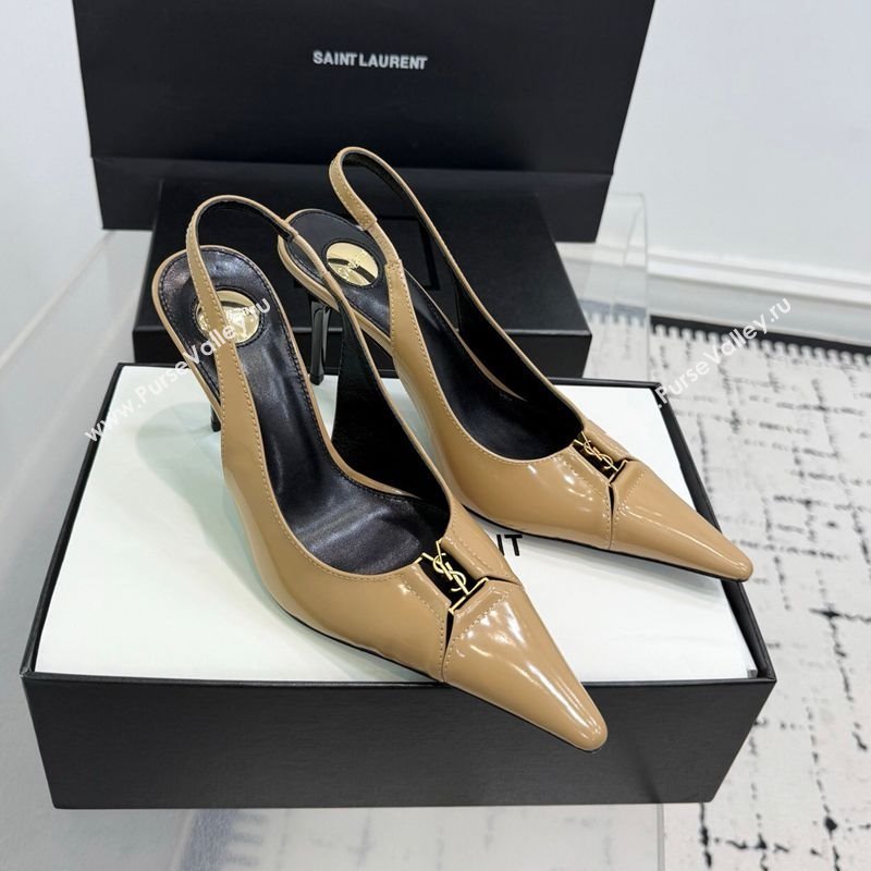 Saint Laurent Babylone Breteuil Slingbacks Pump 9cm in Shiny Leather Beige 2025 806685 (KER-251213012)