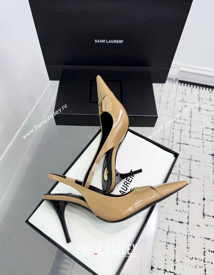 Saint Laurent Babylone Breteuil Slingbacks Pump 9cm in Shiny Leather Beige 2025 806685 (KER-251213012)