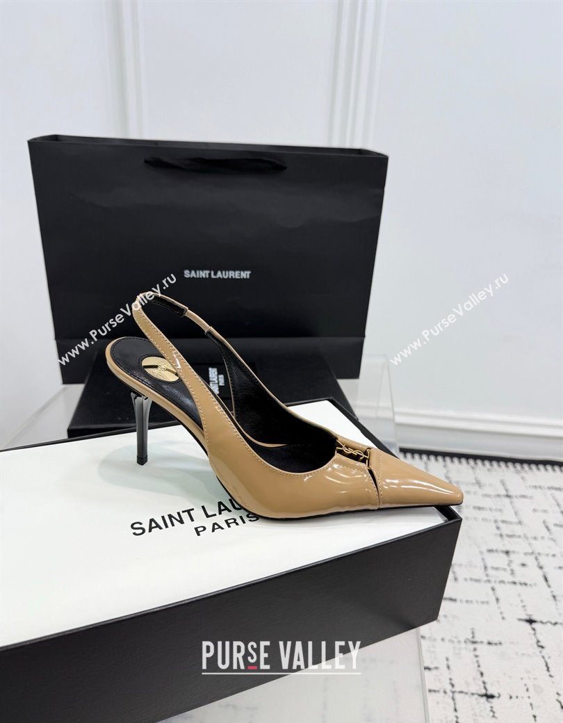 Saint Laurent Babylone Breteuil Slingbacks Pump 9cm in Shiny Leather Beige 2025 806685 (KER-251213012)