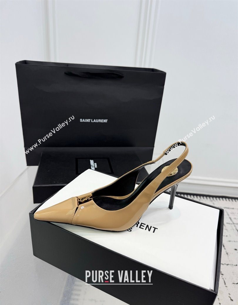 Saint Laurent Babylone Breteuil Slingbacks Pump 9cm in Shiny Leather Beige 2025 806685 (KER-251213012)