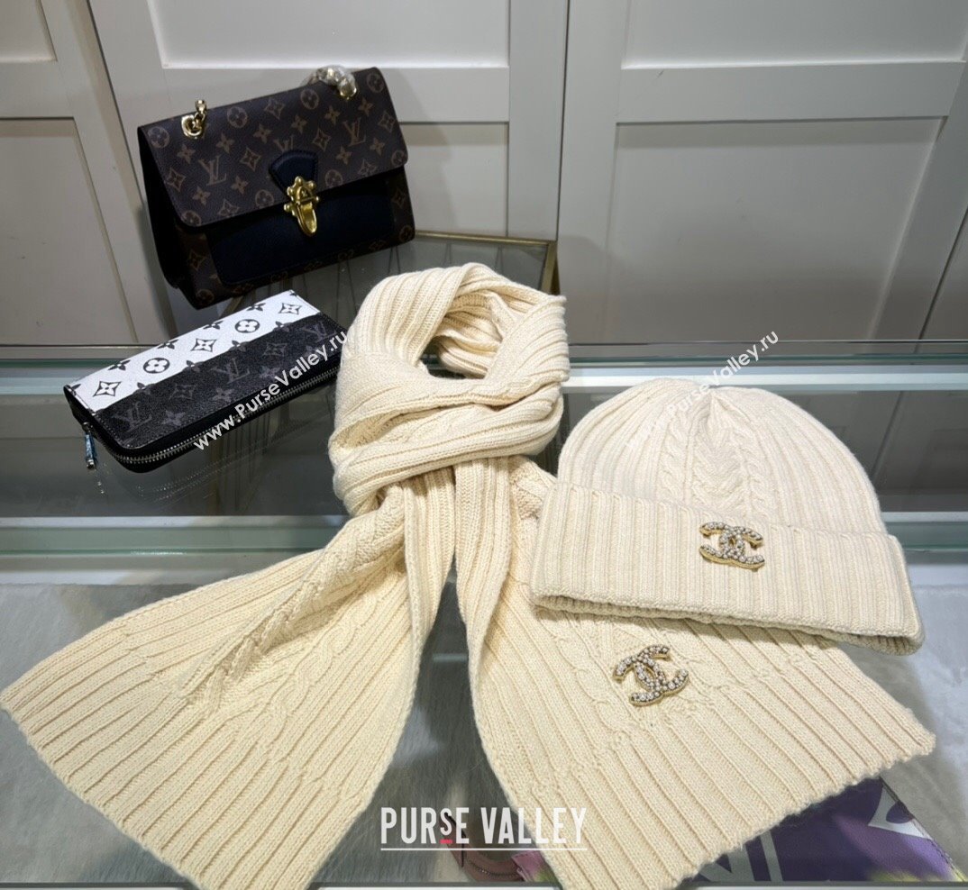 Chanel Knit Hat and Scarf Set Cream White 2023 1 CH101807 (A-231018094)