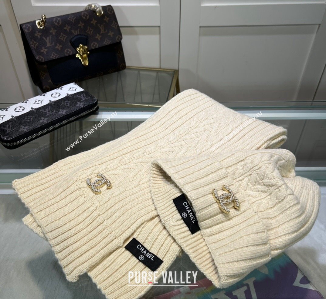 Chanel Knit Hat and Scarf Set Cream White 2023 1 CH101807 (A-231018094)