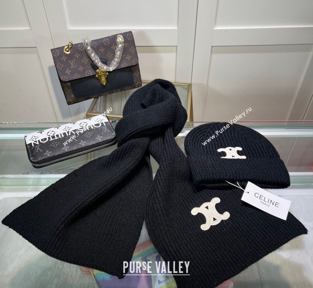 Celine Knit Hat and Scarf Set Black 2023 1 CE10183 (A-231018111)