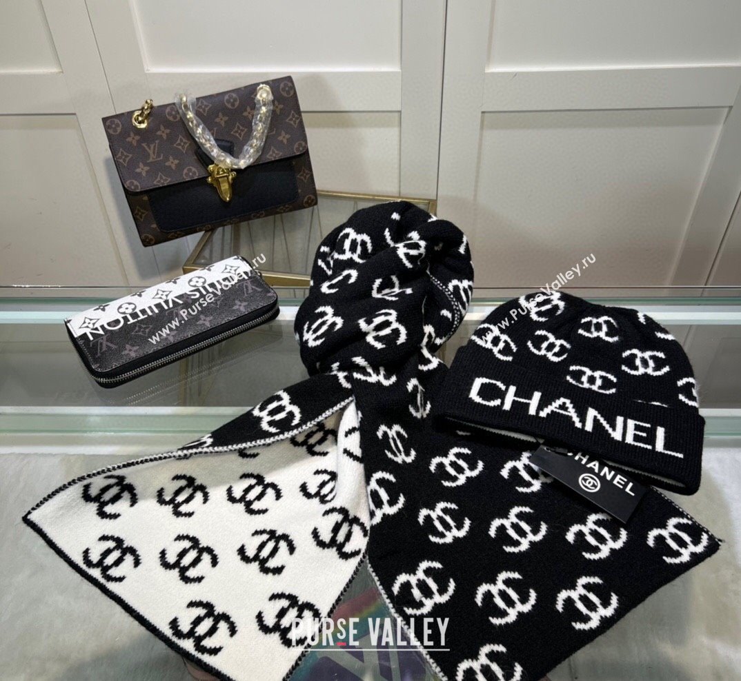 Chanel CC Knit Hat and Scarf Set Black White 2023 4 CH101807 (A-231018119)