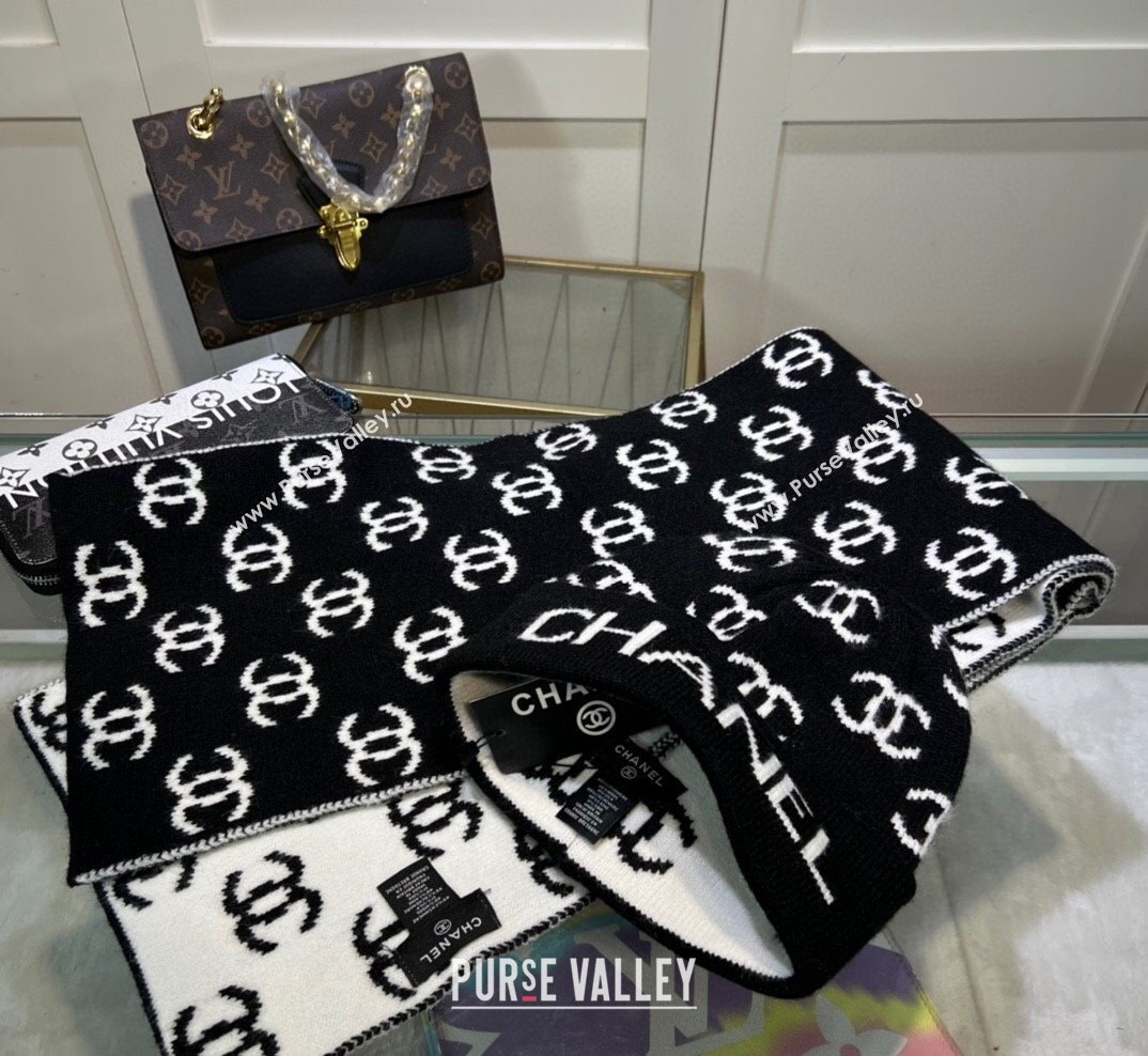 Chanel CC Knit Hat and Scarf Set Black White 2023 4 CH101807 (A-231018119)