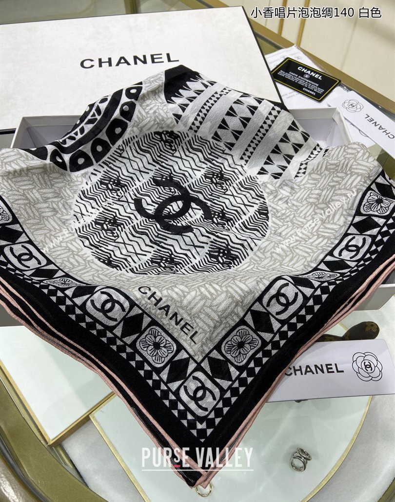 Chanel Disc Printed Silk Sqaure Shawl Scarf 140cm White 2024 (A-240111012)