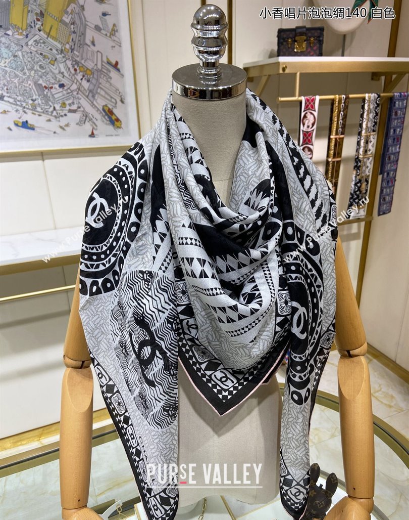 Chanel Disc Printed Silk Sqaure Shawl Scarf 140cm White 2024 (A-240111012)