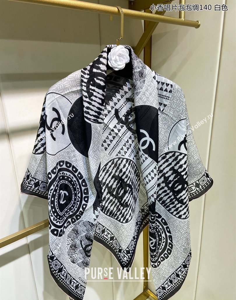 Chanel Disc Printed Silk Sqaure Shawl Scarf 140cm White 2024 (A-240111012)