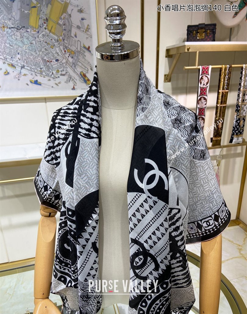 Chanel Disc Printed Silk Sqaure Shawl Scarf 140cm White 2024 (A-240111012)