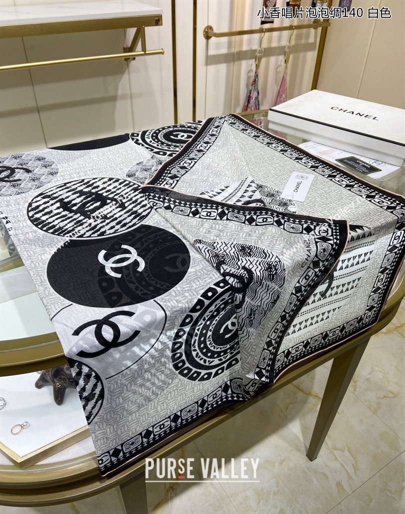 Chanel Disc Printed Silk Sqaure Shawl Scarf 140cm White 2024 (A-240111012)