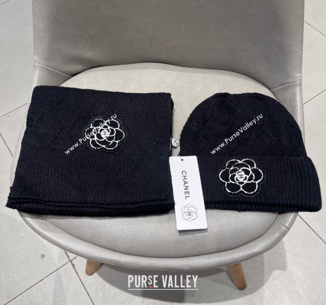 Chanel Knit Scarf and Hat Set with Camellia Bloom Black 2024 0111 (A-240111002)