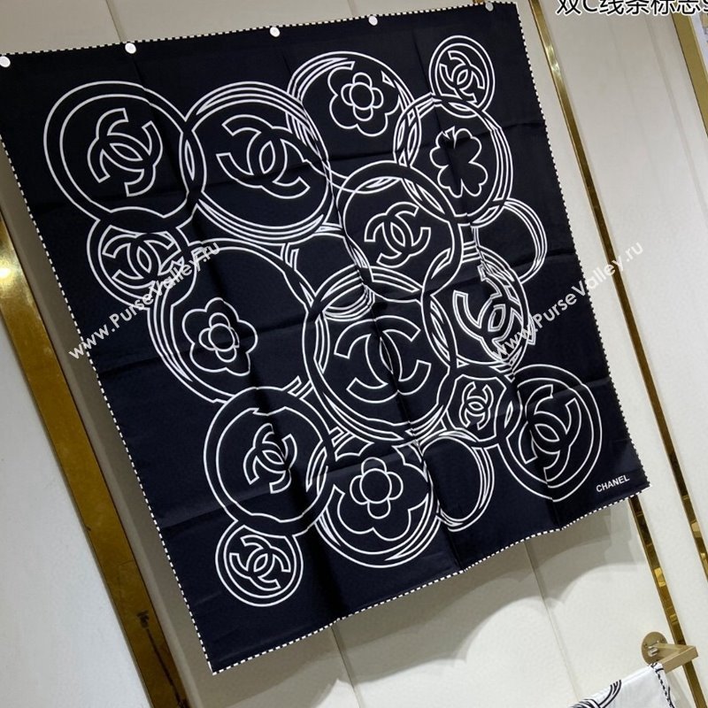 Chanel Line Logo Printed Silk Sqaure Scarf 90cm Black 2024 (A-240111013)