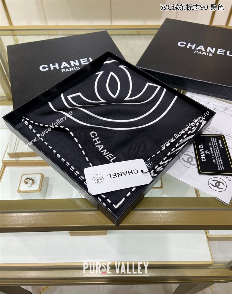 Chanel Line Logo Printed Silk Sqaure Scarf 90cm Black 2024 (A-240111013)