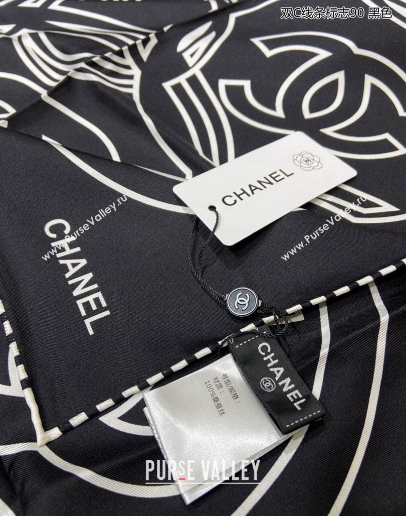 Chanel Line Logo Printed Silk Sqaure Scarf 90cm Black 2024 (A-240111013)