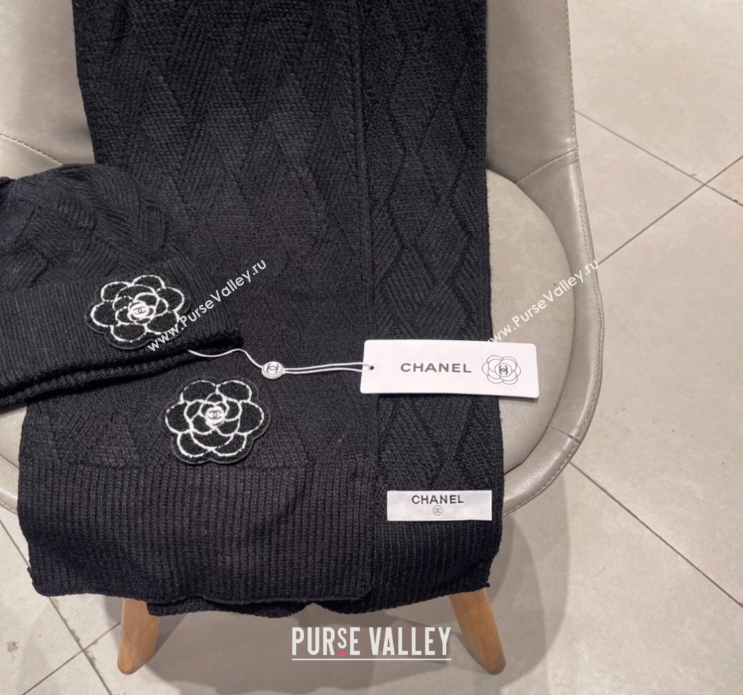 Chanel Knit Scarf and Hat Set with Camellia Bloom Black 2024 0111 (A-240111002)