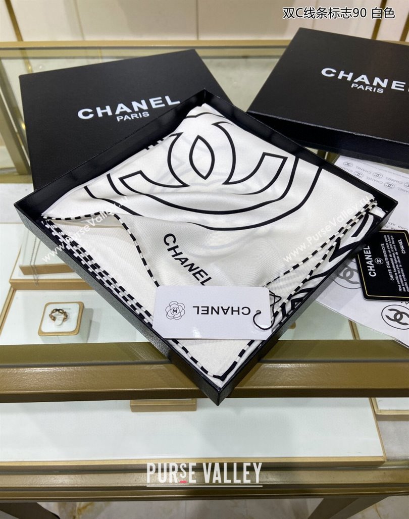 Chanel Line Logo Printed Silk Sqaure Scarf 90cm White 2024 (A-240111014)