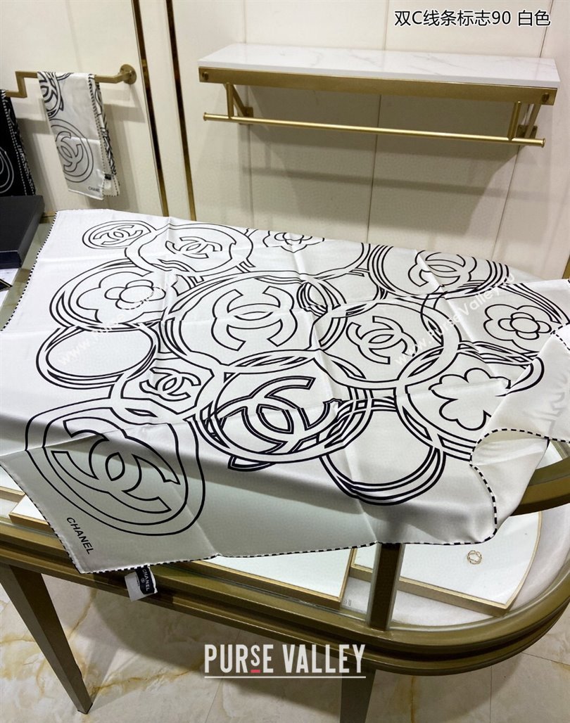 Chanel Line Logo Printed Silk Sqaure Scarf 90cm White 2024 (A-240111014)