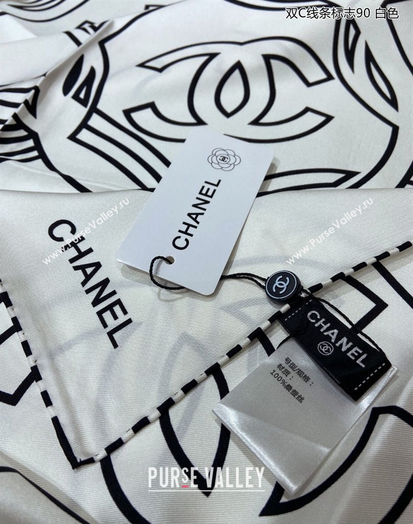 Chanel Line Logo Printed Silk Sqaure Scarf 90cm White 2024 (A-240111014)