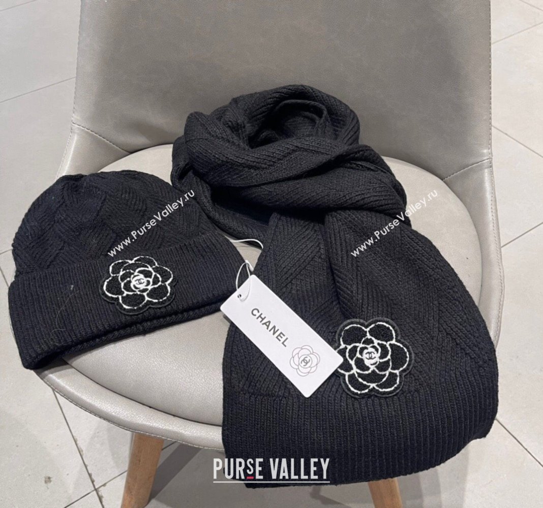 Chanel Knit Scarf and Hat Set with Camellia Bloom Black 2024 0111 (A-240111002)