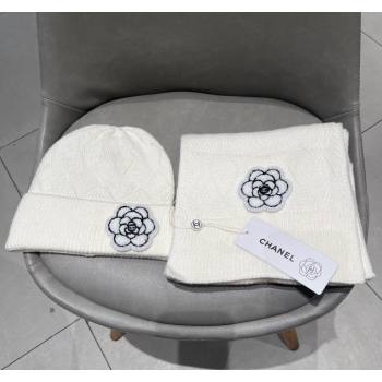 Chanel Knit Scarf and Hat Set with Camellia Bloom White 2024 0111 (A-240111001)