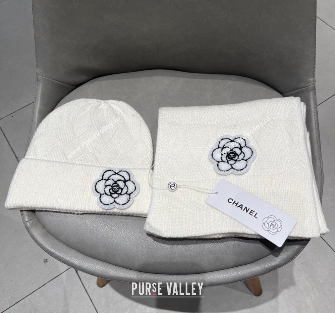 Chanel Knit Scarf and Hat Set with Camellia Bloom White 2024 0111 (A-240111001)