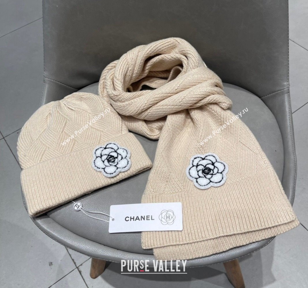 Chanel Knit Scarf and Hat Set with Camellia Bloom Beige 2024 0111 (A-240111003)