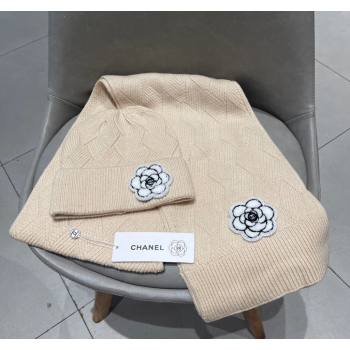 Chanel Knit Scarf and Hat Set with Camellia Bloom Beige 2024 0111 (A-240111003)