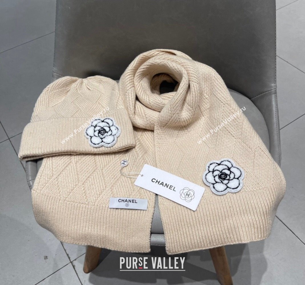 Chanel Knit Scarf and Hat Set with Camellia Bloom Beige 2024 0111 (A-240111003)