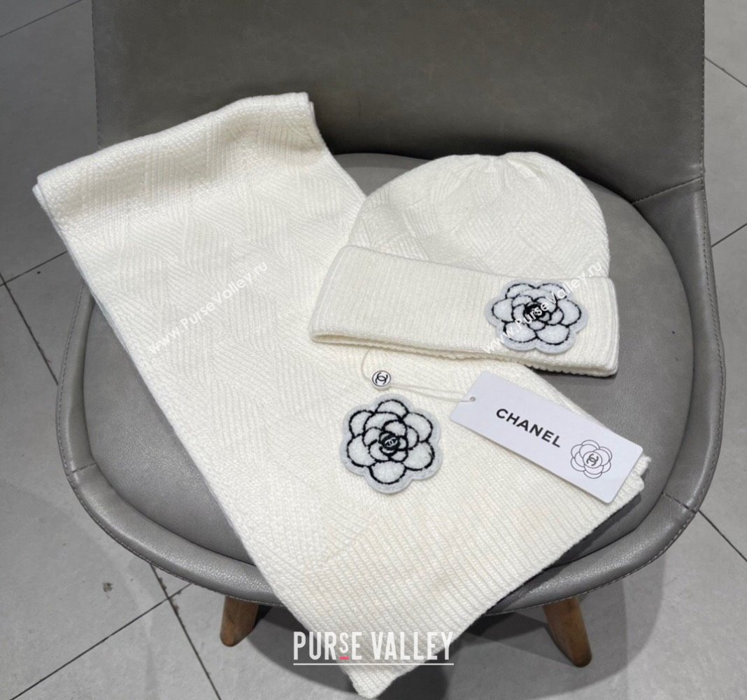 Chanel Knit Scarf and Hat Set with Camellia Bloom White 2024 0111 (A-240111001)