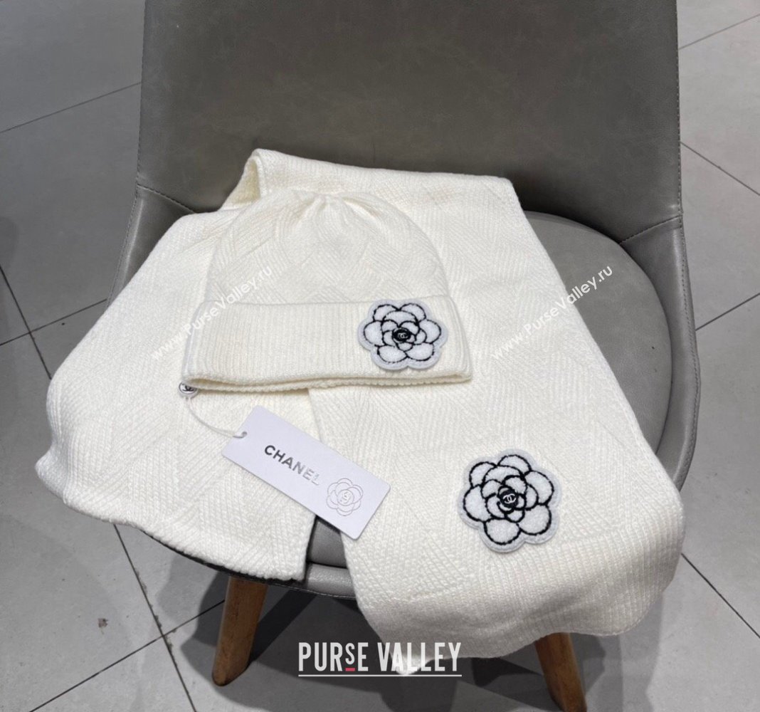 Chanel Knit Scarf and Hat Set with Camellia Bloom White 2024 0111 (A-240111001)