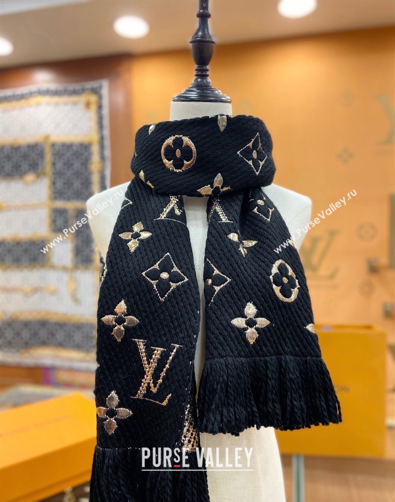 Louis Vuitton Logomania Wool Long Scarf with Fringe 30x175cm Black/Gold 2024 LV011001 (wtz-240110003)